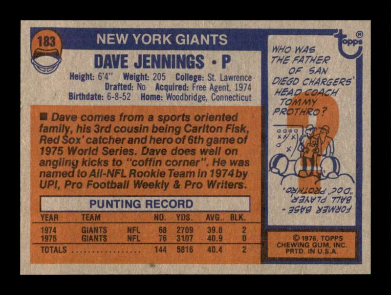 Load image into Gallery viewer, 1976 Topps Dave Jennings #183 Rookie RC Set Break New York Giants Image 2
