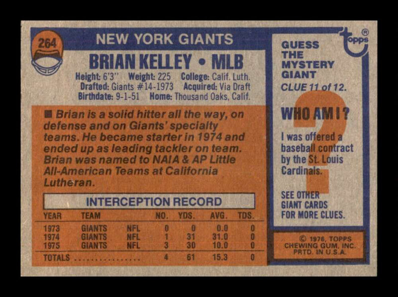 Load image into Gallery viewer, 1976 Topps Brian Kelley #264 Rookie RC Set Break New York Giants Image 2
