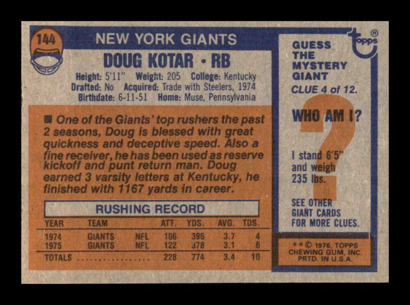 Load image into Gallery viewer, 1976 Topps Doug Kotar #144 Set Break New York Giants Image 2
