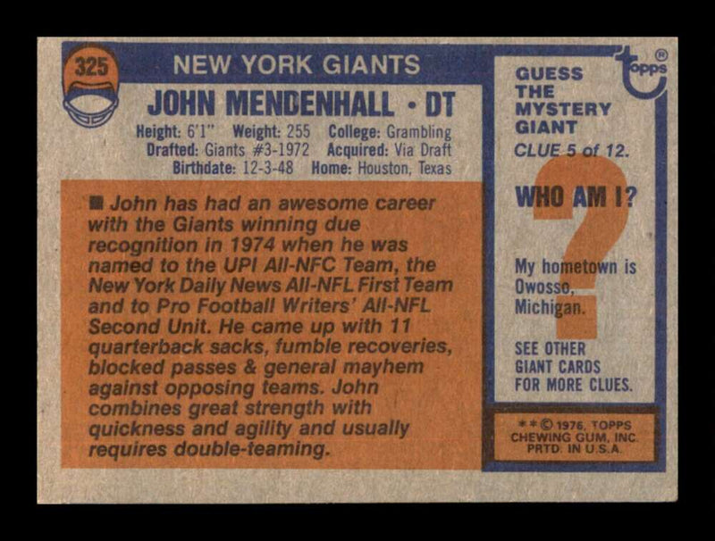 Load image into Gallery viewer, 1976 Topps John Mendenhall #325 Set Break New York Giants Image 2
