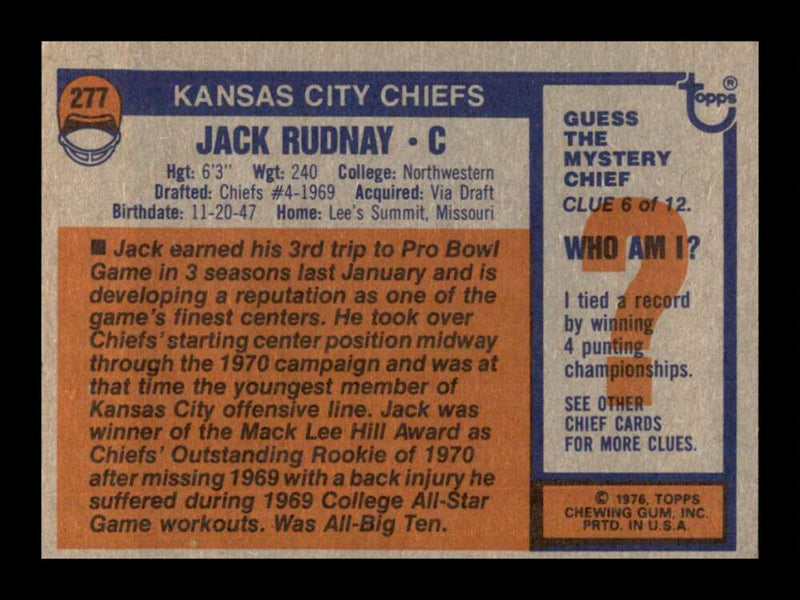 Load image into Gallery viewer, 1976 Topps Jack Rudnay #277 Set Break Kansas City Chiefs Image 2
