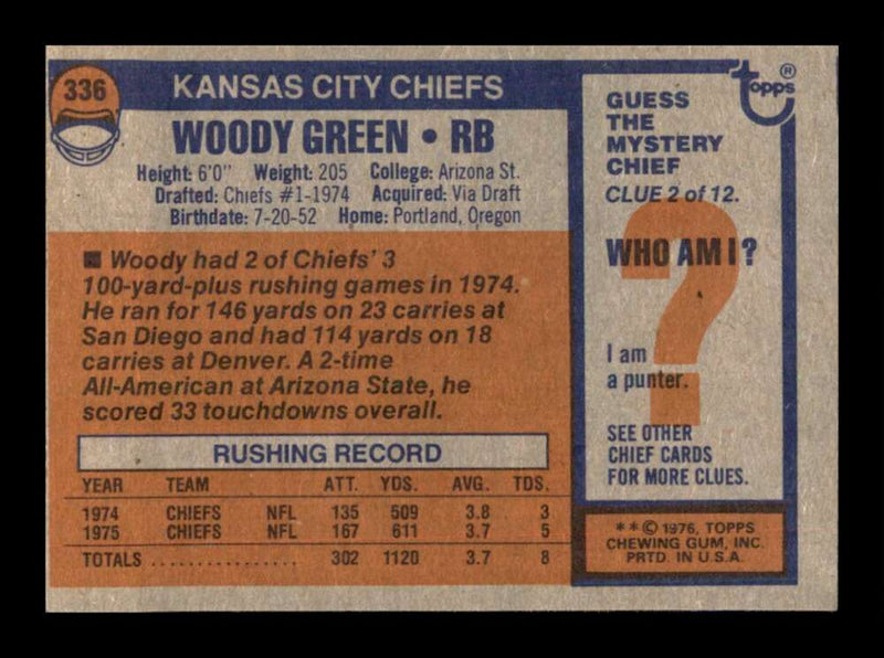 Load image into Gallery viewer, 1976 Topps Woody Green #336 Rookie RC Set Break Kansas City Chiefs Image 2
