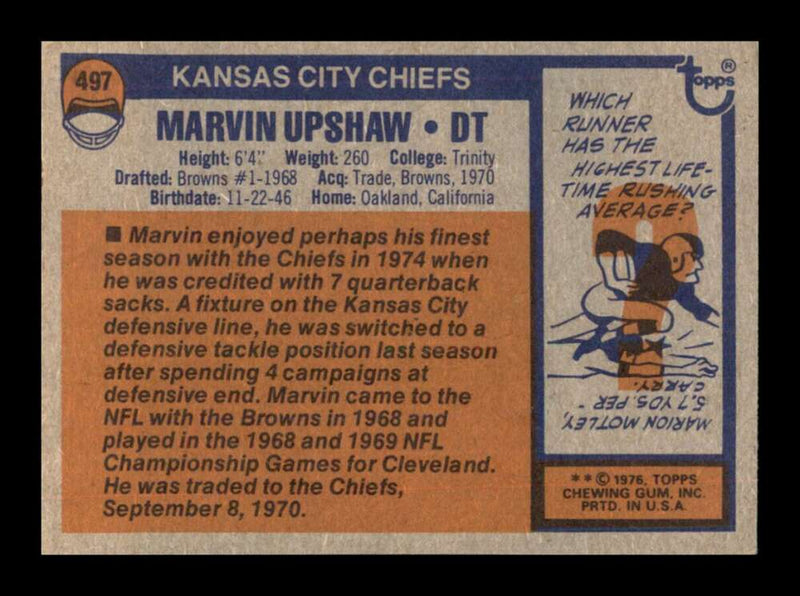 Load image into Gallery viewer, 1976 Topps Marvin Upshaw #497 Set Break Kansas City Chiefs Image 2
