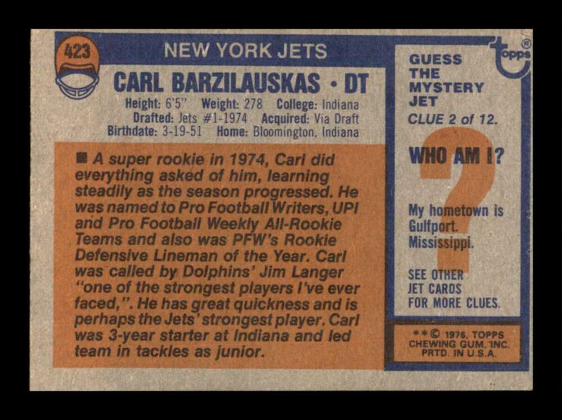 Load image into Gallery viewer, 1976 Topps Carl Barzilauskas #423 Rookie RC Set Break New York Jets Image 2
