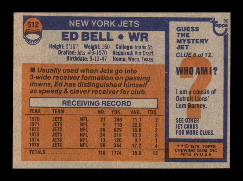 Load image into Gallery viewer, 1976 Topps Ed Bell #512 Set Break New York Jets Image 2
