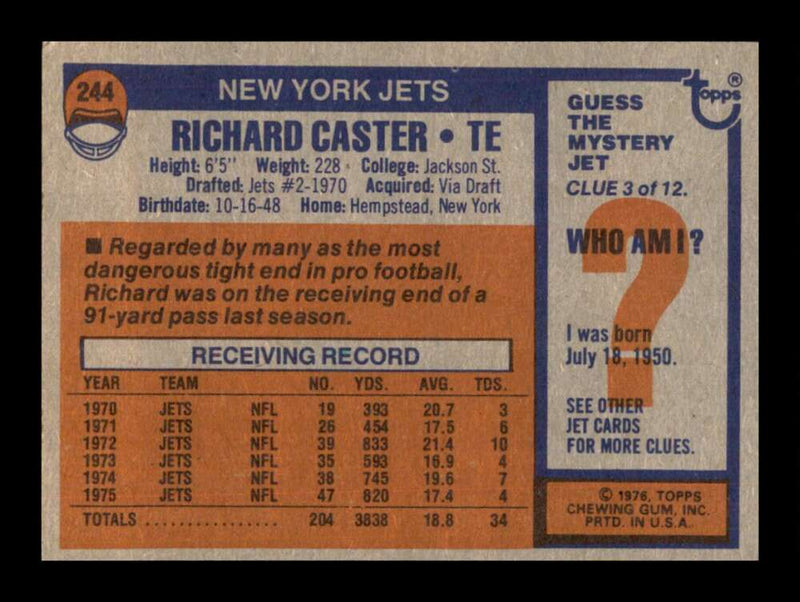 Load image into Gallery viewer, 1976 Topps Richard Caster #244 Set Break New York Jets Image 2
