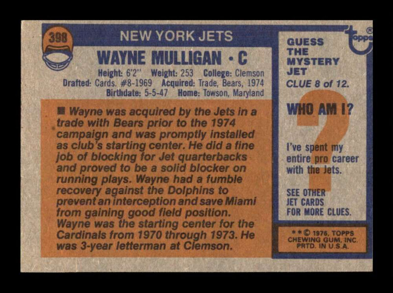 Load image into Gallery viewer, 1976 Topps Wayne Mulligan #398 Set Break New York Jets Image 2
