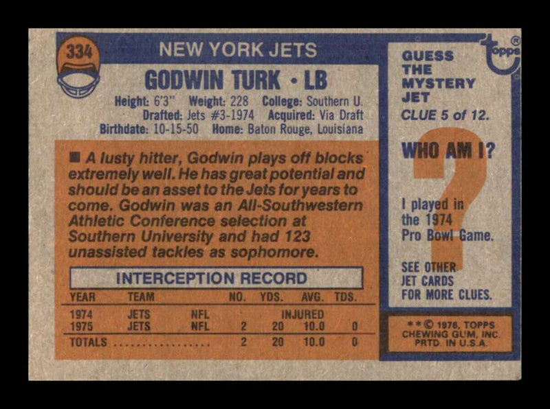 Load image into Gallery viewer, 1976 Topps Godwin Turk #334 Rookie RC Set Break New York Jets Image 2
