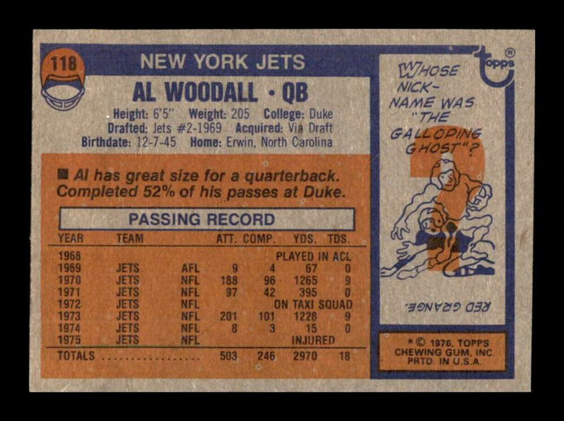 Load image into Gallery viewer, 1976 Topps Al Woodall #118 Set Break New York Jets Image 2
