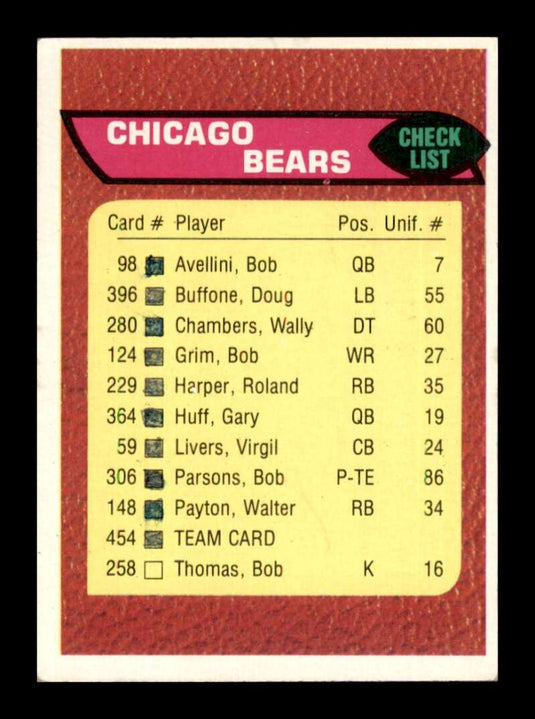 1976 Topps Chicago Bears