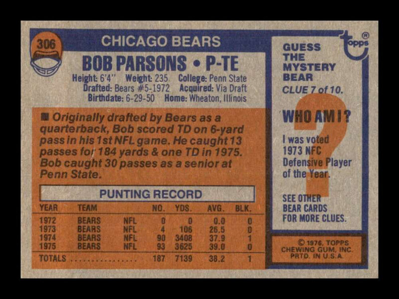 Load image into Gallery viewer, 1976 Topps Bob Parsons #306 Rookie RC Set Break Chicago Bears Image 2
