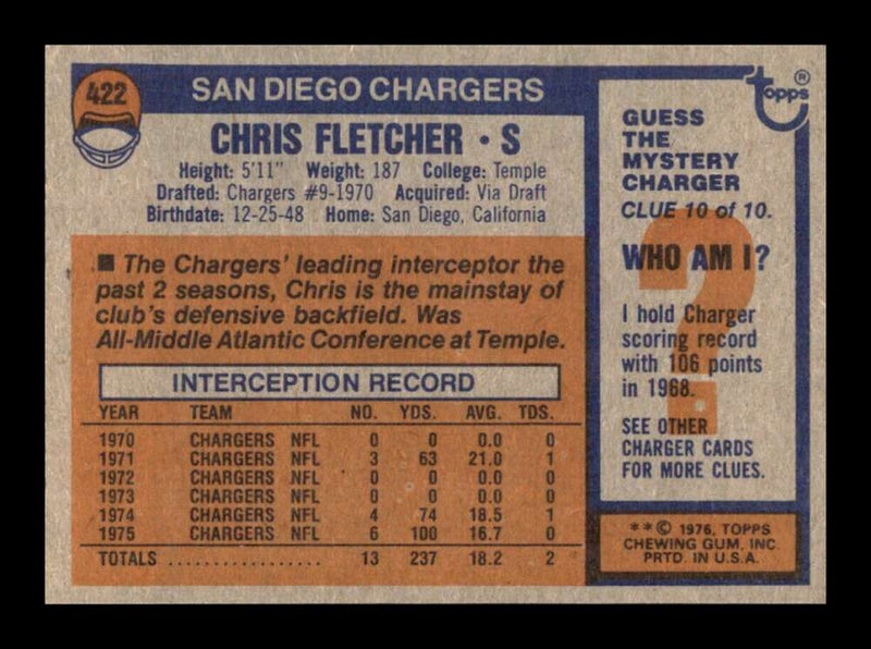 Load image into Gallery viewer, 1976 Topps Chris Fletcher #422 Set Break San Diego Chargers Image 2
