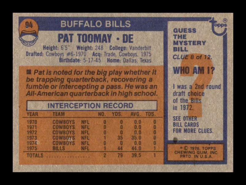 Load image into Gallery viewer, 1976 Topps Pat Toomay #94 Set Break Buffalo Bills Image 2
