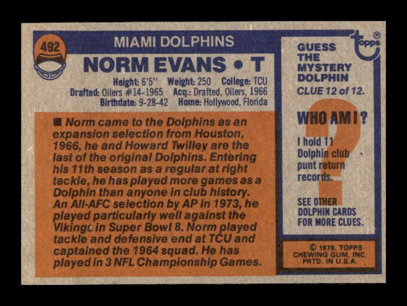 Load image into Gallery viewer, 1976 Topps Norm Evans #492 Set Break Miami Dolphins Image 2
