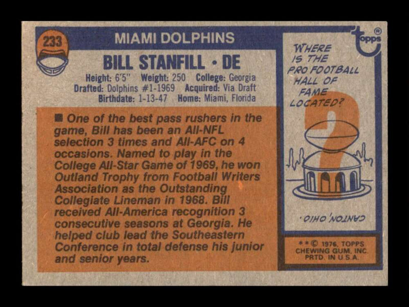 Load image into Gallery viewer, 1976 Topps Bill Stanfill #233 Set Break Miami Dolphins Image 2
