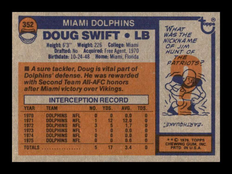 Load image into Gallery viewer, 1976 Topps Doug Swift #352 Set Break Miami Dolphins Image 2
