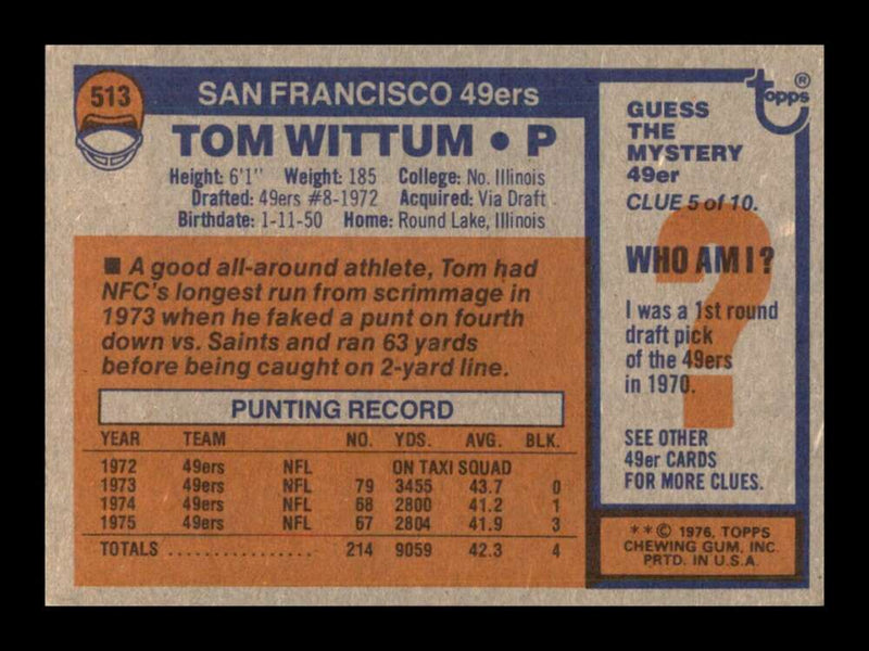 Load image into Gallery viewer, 1976 Topps Tom Wittum #513 Set Break San Francisco 49ers Image 2
