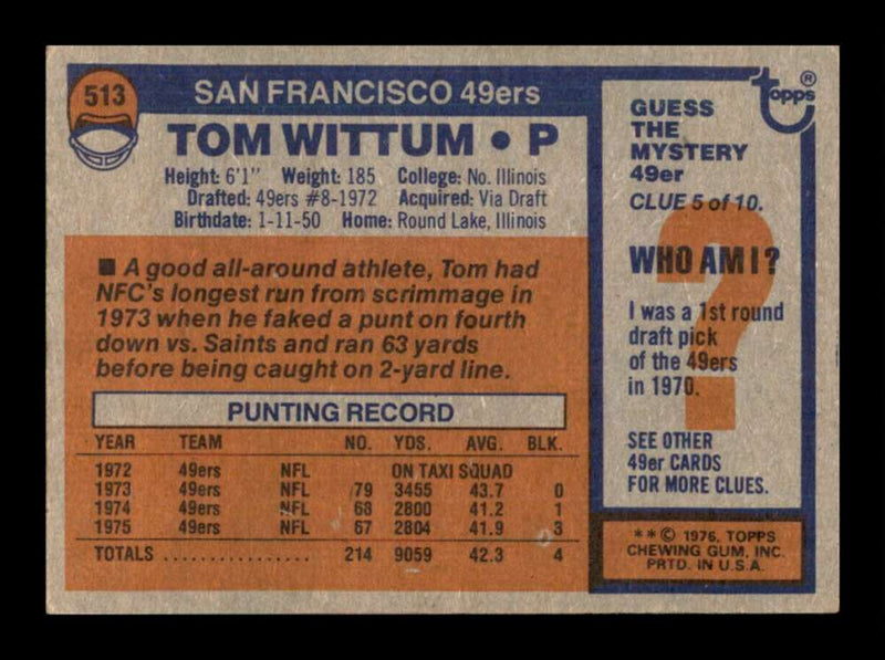 Load image into Gallery viewer, 1976 Topps Tom Wittum #513 Set Break San Francisco 49ers Image 2
