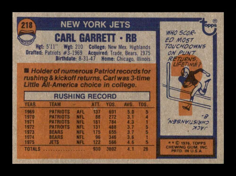 Load image into Gallery viewer, 1976 Topps Carl Garrett #218 Set Break New York Jets Image 2
