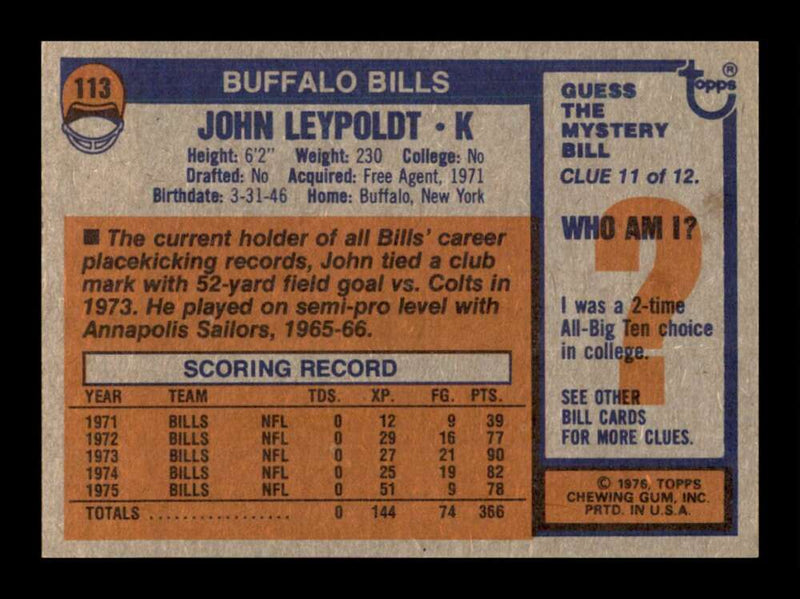 Load image into Gallery viewer, 1976 Topps John Leypoldt #113 Set Break Buffalo Bills Image 2
