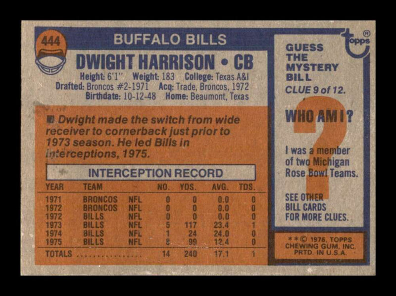 Load image into Gallery viewer, 1976 Topps Dwight Harrison #444 Set Break Buffalo Bills Image 2
