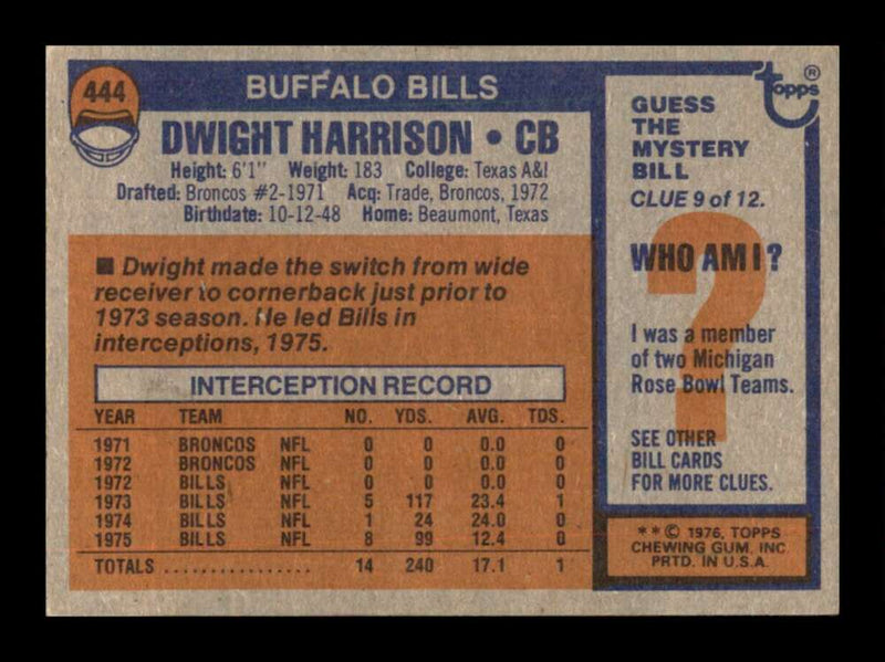 Load image into Gallery viewer, 1976 Topps Dwight Harrison #444 Set Break Buffalo Bills Image 2
