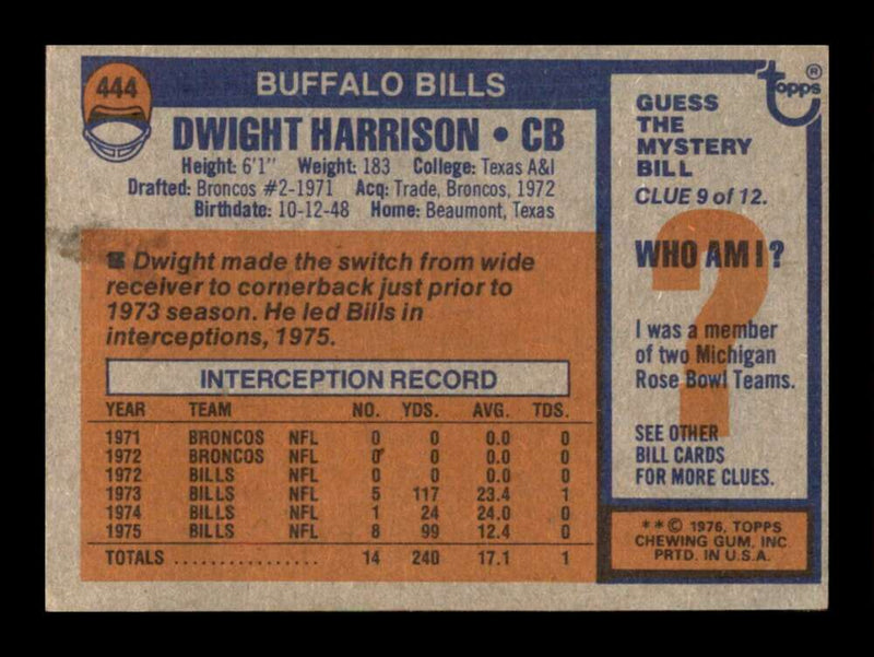 Load image into Gallery viewer, 1976 Topps Dwight Harrison #444 Set Break Buffalo Bills Image 2
