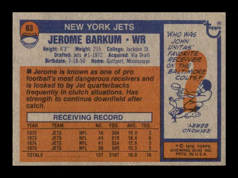 Load image into Gallery viewer, 1976 Topps Jerome Barkum #63 Set Break New York Jets Image 2
