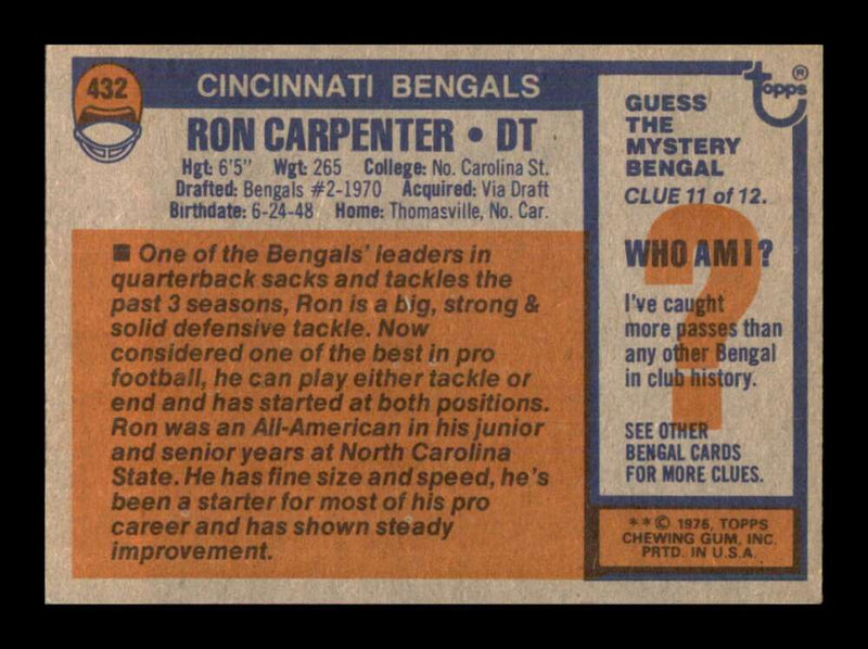 Load image into Gallery viewer, 1976 Topps Ron Carpenter #432 Set Break Cincinnati Bengals Image 2
