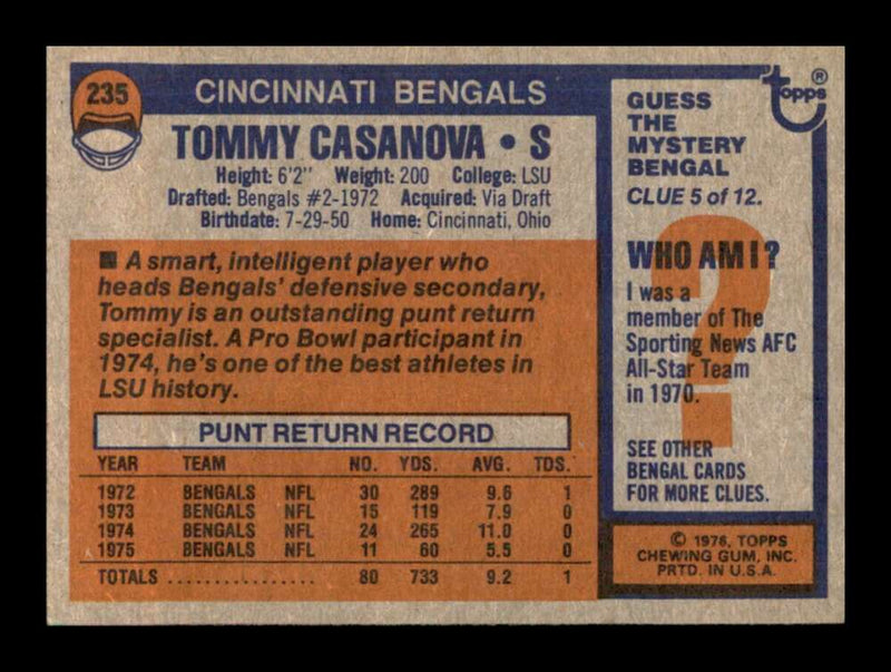 Load image into Gallery viewer, 1976 Topps Tommy Casanova #235 Set Break Cincinnati Bengals Image 2
