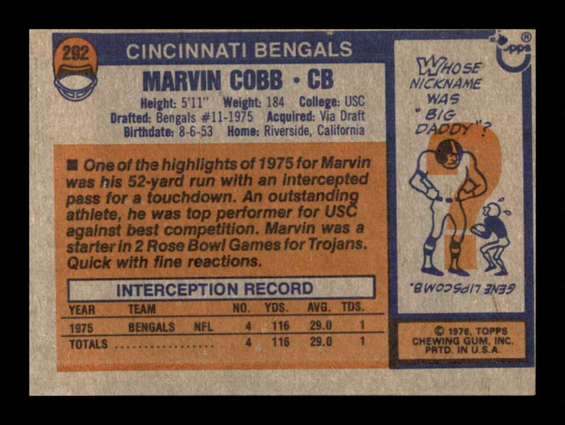 Load image into Gallery viewer, 1976 Topps Marvin Cobb #292 Rookie RC Set Break Cincinnati Bengals Image 2
