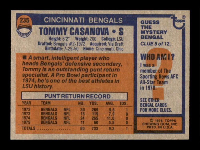 Load image into Gallery viewer, 1976 Topps Tommy Casanova #235 Set Break Cincinnati Bengals Image 2
