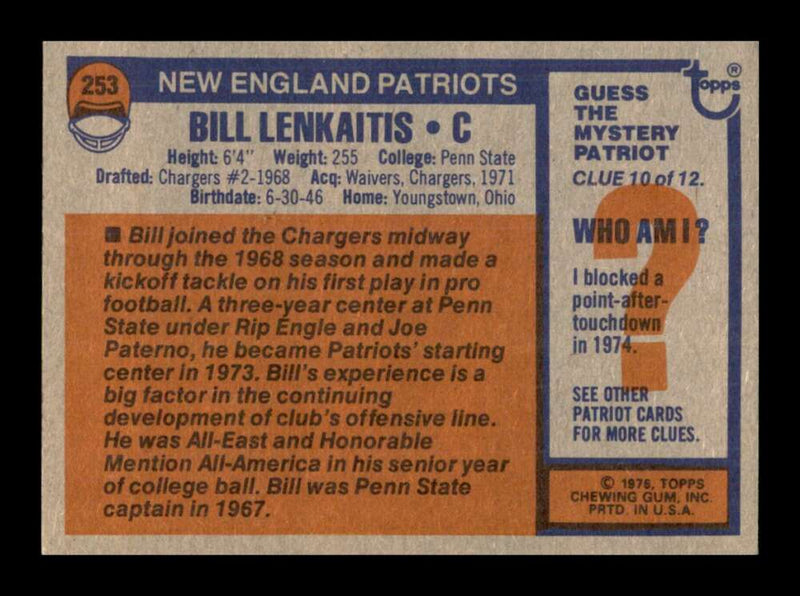 Load image into Gallery viewer, 1976 Topps Bill Lenkaitis #253 Set Break New England Patriots Image 2
