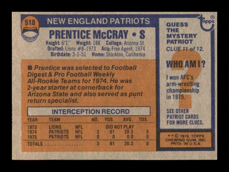 Load image into Gallery viewer, 1976 Topps Prentice McCray #518 Rookie RC Set Break New England Patriots Image 2
