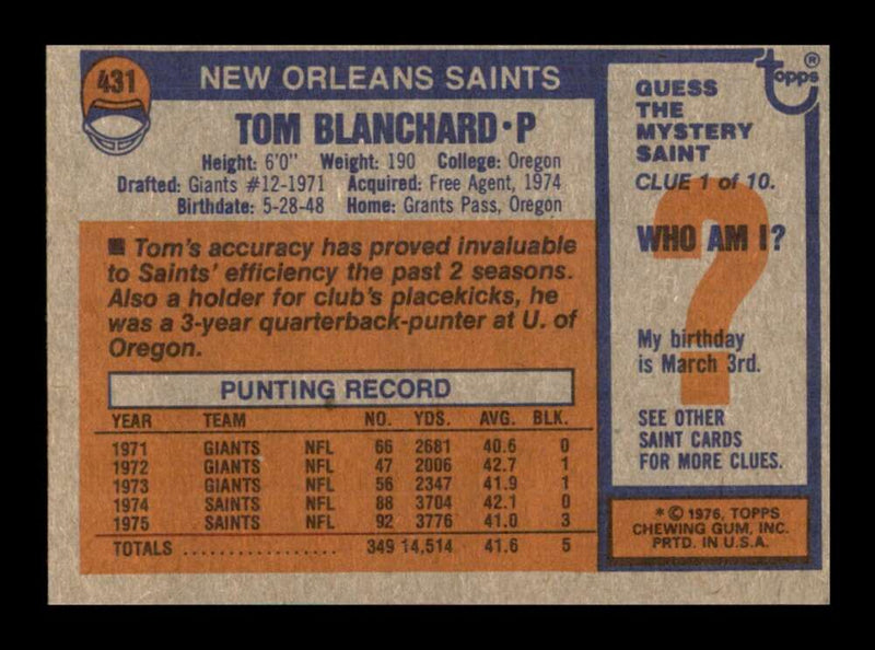 Load image into Gallery viewer, 1976 Topps Tom Blanchard #431 Set Break New Orleans Saints Image 2
