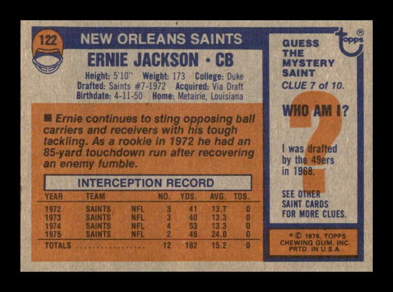 Load image into Gallery viewer, 1976 Topps Ernie Jackson #122 Set Break New Orleans Saints Image 2
