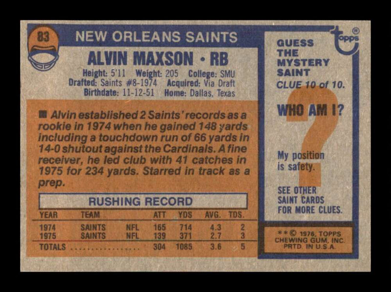 Load image into Gallery viewer, 1976 Topps Alvin Maxson #83 Set Break New Orleans Saints Image 2
