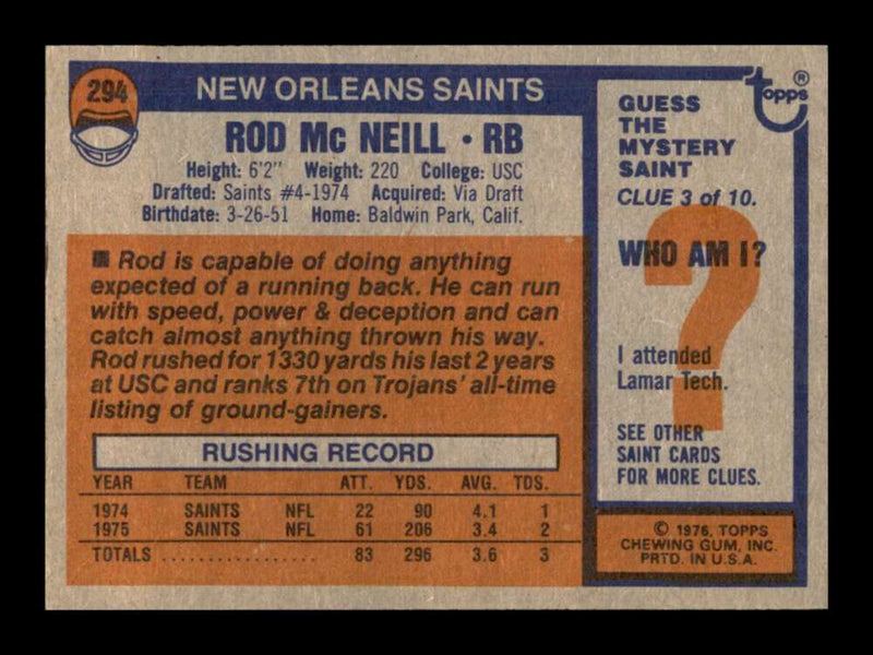 Load image into Gallery viewer, 1976 Topps Rod McNeill #294 Set Break New Orleans Saints Image 2
