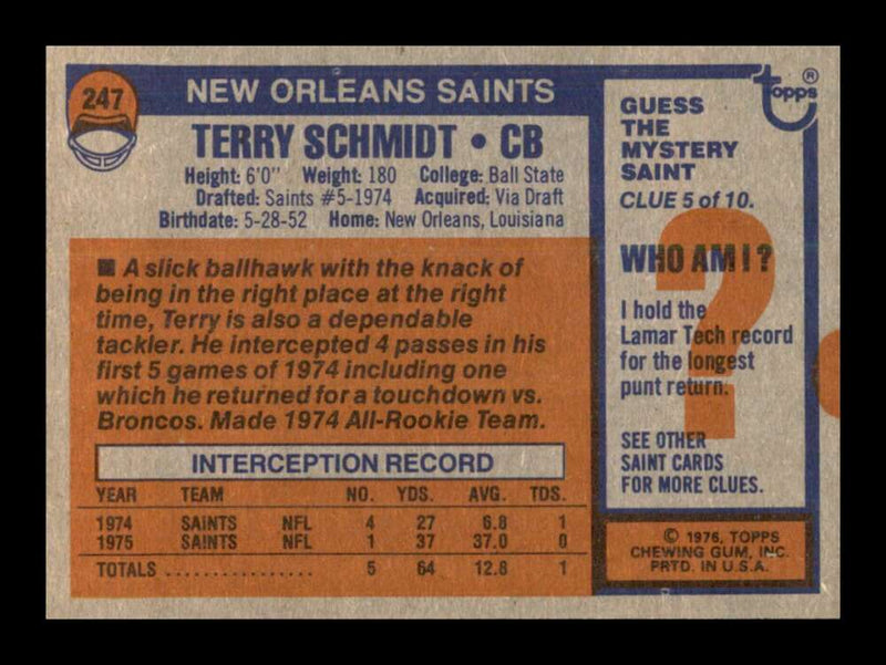 Load image into Gallery viewer, 1976 Topps Terry Schmidt #247 Rookie RC Set Break New Orleans Saints Image 2
