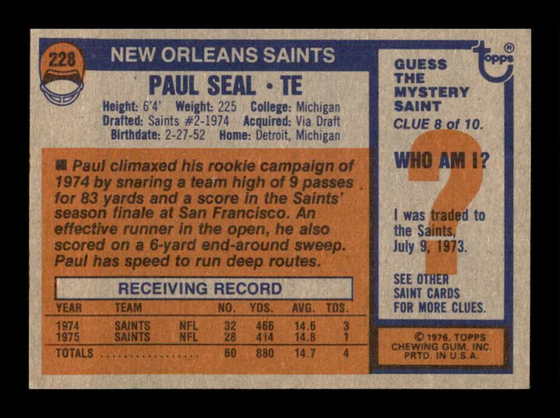 Load image into Gallery viewer, 1976 Topps Paul Seal #228 Rookie RC Set Break New Orleans Saints Image 2
