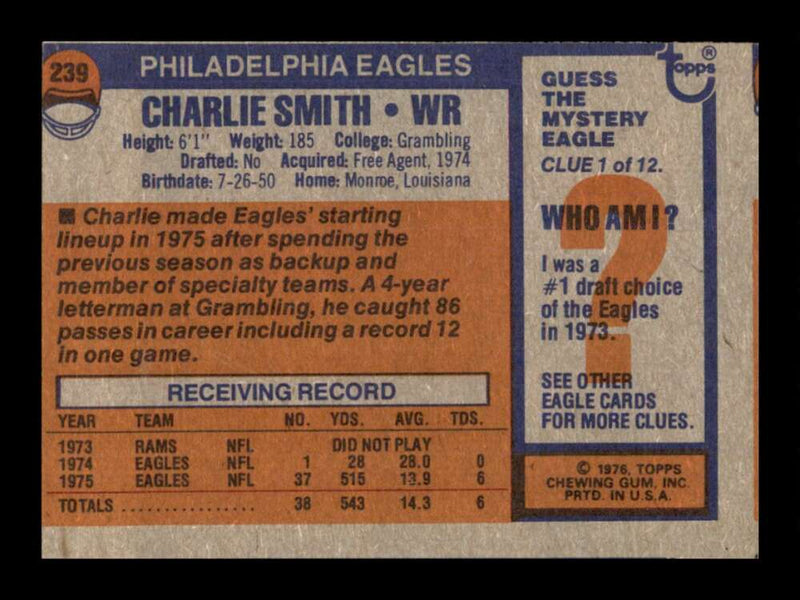 Load image into Gallery viewer, 1976 Topps Charlie Smith #239 Rookie RC Set Break Philadelphia Eagles Image 2
