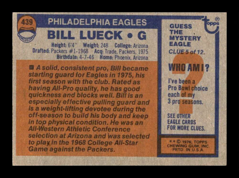 Load image into Gallery viewer, 1976 Topps Bill Lueck #439 Set Break Philadelphia Eagles Image 2
