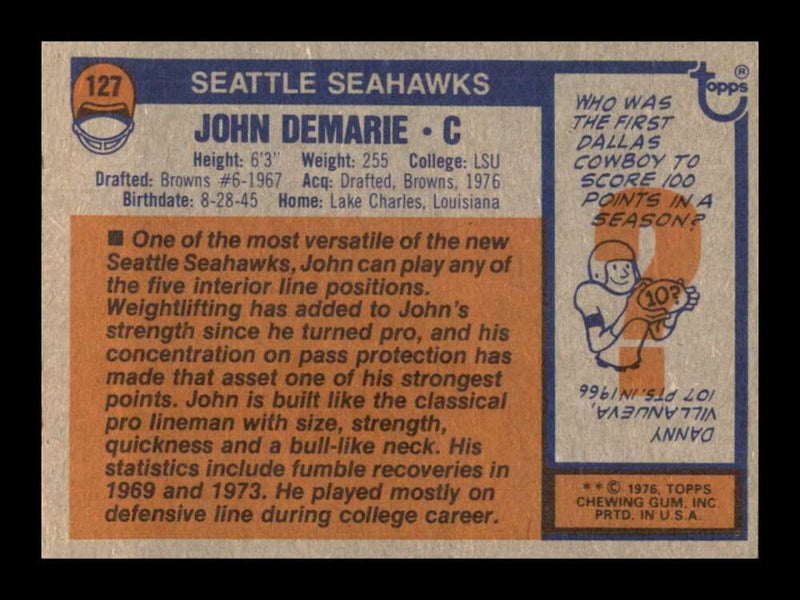 Load image into Gallery viewer, 1976 Topps John DeMarie #127 Set Break Seattle Seahawks Image 2
