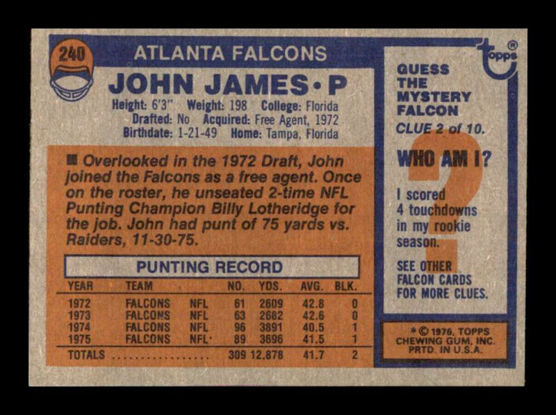 Load image into Gallery viewer, 1976 Topps John James #240 Set Break Atlanta Falcons Image 2
