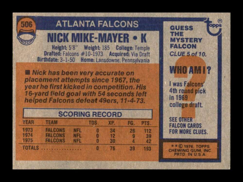 Load image into Gallery viewer, 1976 Topps Nick Mike-Mayer #506 Set Break Atlanta Falcons Image 2
