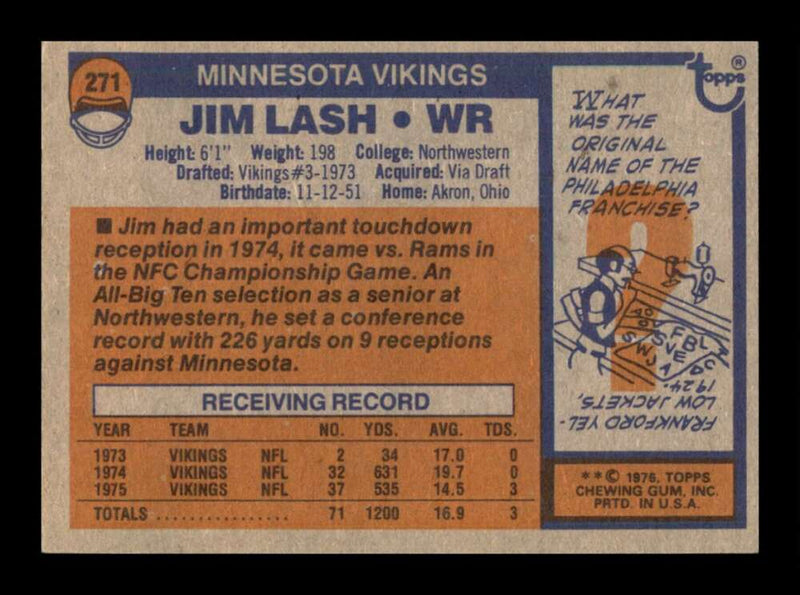 Load image into Gallery viewer, 1976 Topps Jim Lash #271 Rookie RC Set Break Minnesota Vikings Image 2
