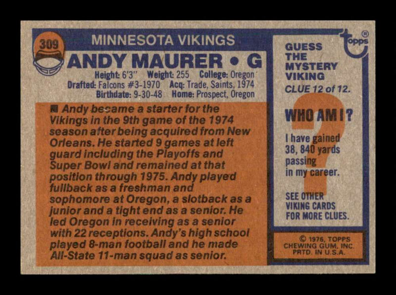 Load image into Gallery viewer, 1976 Topps Andy Maurer #309 Set Break Minnesota Vikings Image 2
