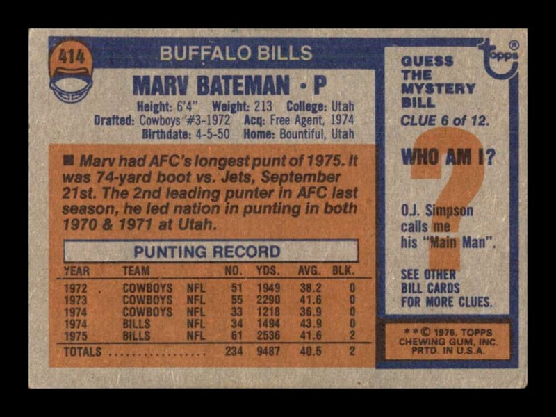 Load image into Gallery viewer, 1976 Topps Marv Bateman #414 Set Break Buffalo Bills Image 2
