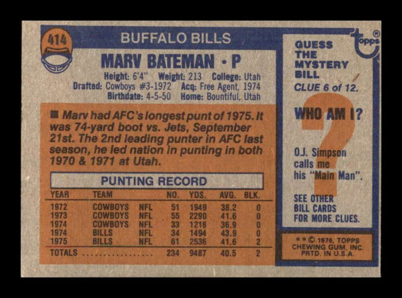 Load image into Gallery viewer, 1976 Topps Marv Bateman #414 Set Break Buffalo Bills Image 2
