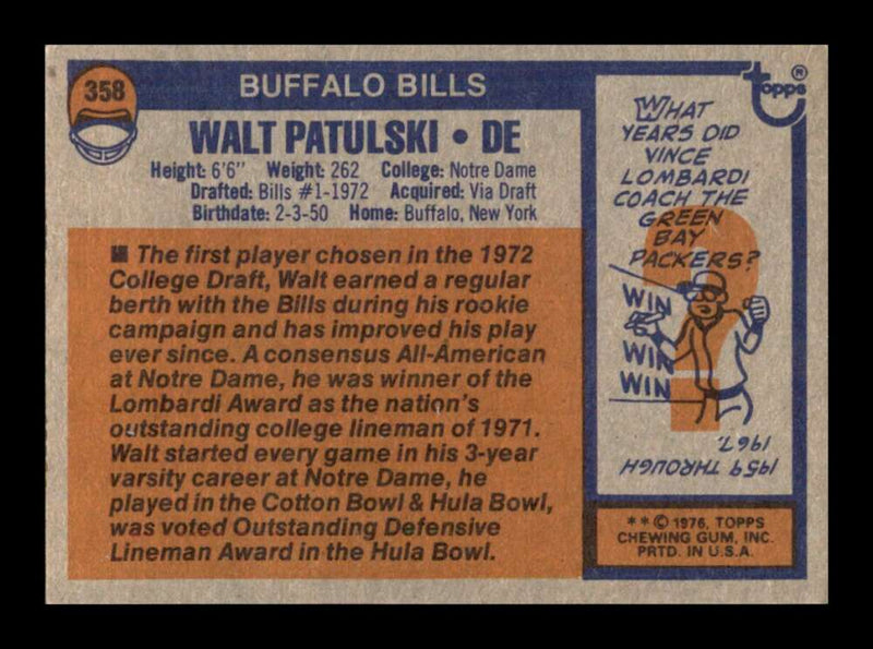 Load image into Gallery viewer, 1976 Topps Walt Patulski #358 Set Break Buffalo Bills Image 2
